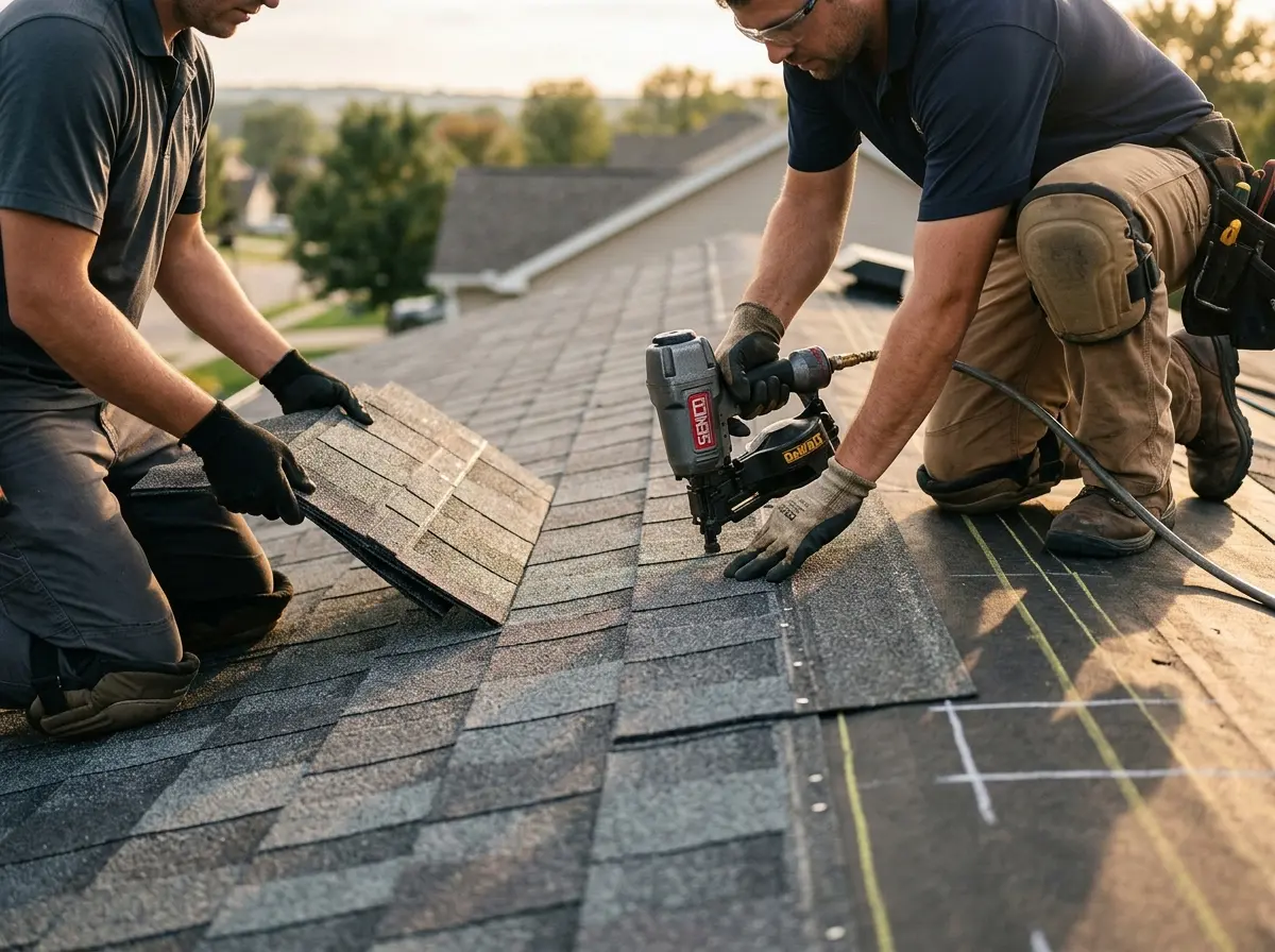 Professional roofer working on a residential roof in Owosso